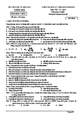 Đề kiểm tra học kỳ I môn Vật lý Lớp 9 - Mã đề B - Năm học 2018-2019 - Sở giáo dục và đào tạo Quảng Nam